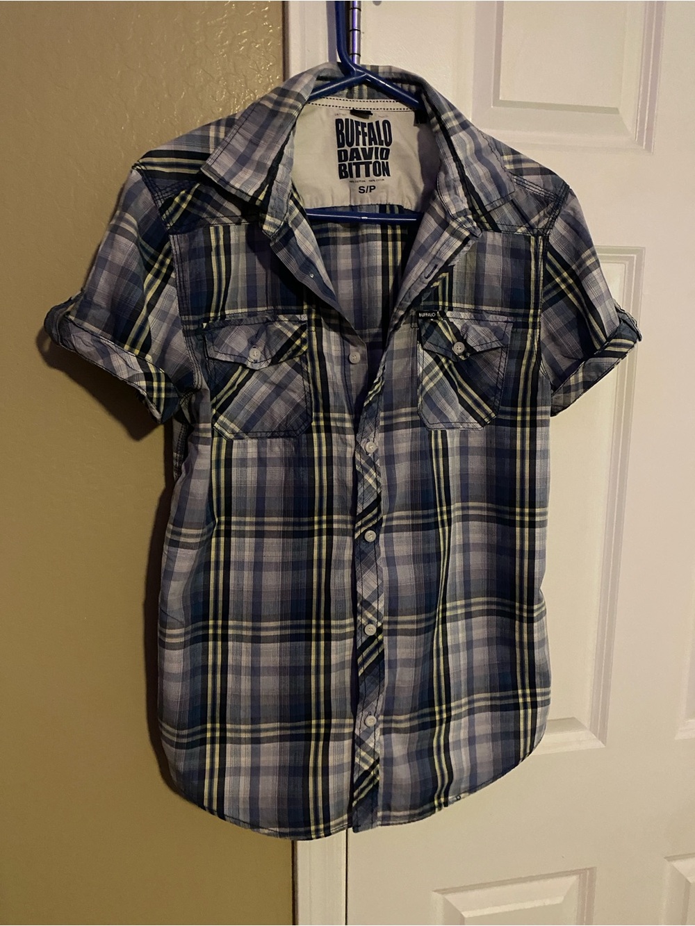 Buffalo David Bitton Navy and Light Blue Plaid Short Sleeve Shirt